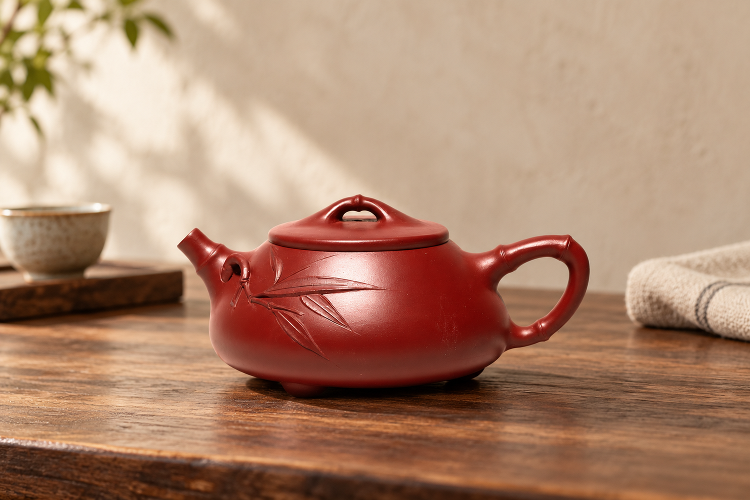 AI-generated editorial illustration of the Bamboo Segment teapot on a wooden tea table